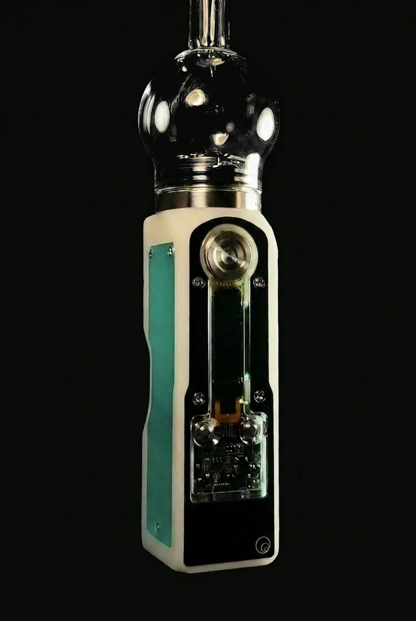 The mod, with its circuit board visible through a clear window